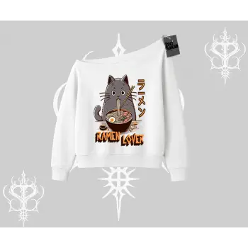 Kayık Yaka Sweatshirt Ramen Lover Kedi Anime Baskılı