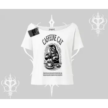 Kayık Yaka Tshirt Caffeine Cat Kahve Temalı Kedi Baskılı