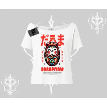 Kayık Yaka Tshirt Daruma Kedi Anime Baskılı