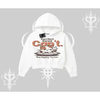 Kedi Baskılı Cant Busy Napping Y2K  Kapşonlu Crop Sweatshirt
