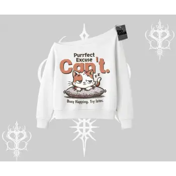 Kedi Baskılı Cant Busy Napping Y2K  Kayık Yaka Sweatshirt