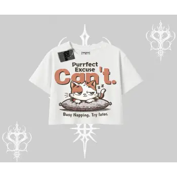 Kedi Baskılı Cant Busy Napping Y2K  Oversize Crop Tshirt