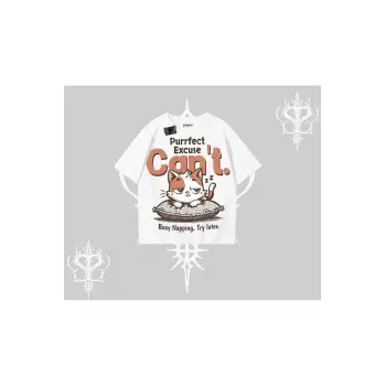 Kedi Baskılı Cant Busy Napping Y2K Oversize Tshirt
