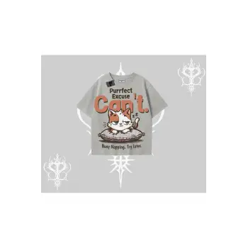 Kedi Baskılı Cant Busy Napping Y2K Oversize Tshirt