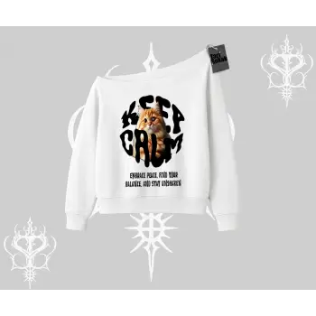 Keep Calm Yazılı Kedi Baskılı Streetwear Kayık Yaka Sweatshirt