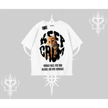 Keep Calm Yazılı Kedi Baskılı Streetwear Oversize Tshirt