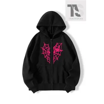 Kırmızı Kalp Örümcek Ağ Sweatshirt Fermuarlı Hırka