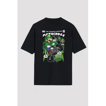 Ko Buta Luigi Motocross Baskılı Unisex Siyah Oversize Tişört Os17889