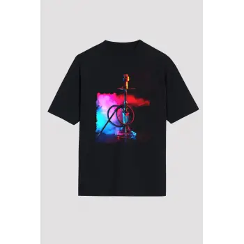 Ko Buta Nargile Baskılı Unisex Siyah Oversize T-shirt Os9944