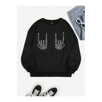 KOD ADR-SHEN EZwear Rhinestone Skeleton Finger Pattern Drop Shoulder Sweatshirt Siyah