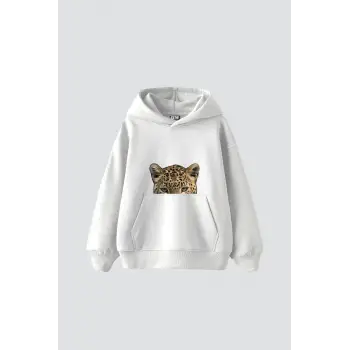 Leopar Eyes Baskılı Oversize Unisex Premium Beyaz