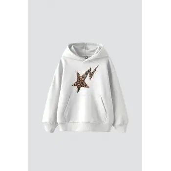 Leopar Falling Star Baskılı Oversize Unisex Premium Beyaz