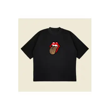 Leopar Rolling Stones Baskılı Oversize Unisex Pamuklu Nefes Alan Kalın Kumaşlı