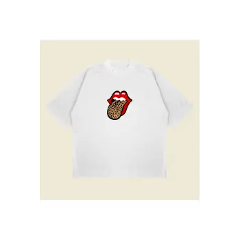 Leopar Rolling Stones Baskılı Oversize Unisex Pamuklu Nefes Alan Kalın Kumaşlı