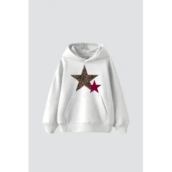 Leopar Starz Baskılı Oversize Unisex Beyaz