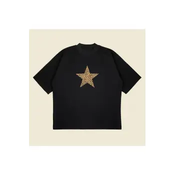 Leopar Starz Baskılı Oversize Unisex Pamuklu Nefes Alan Kalın Kumaşlı
