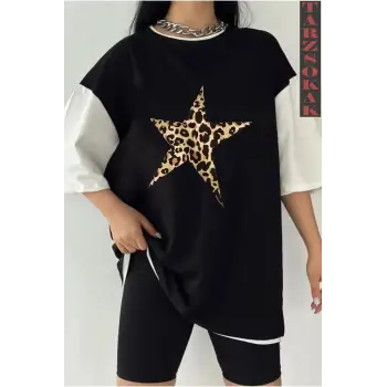 LEOPAR YILDIZ Siyah Oversize Çift Renk