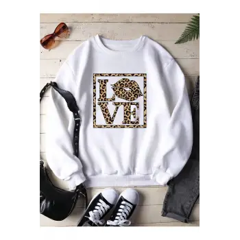 Leopard & Letter Graphic Lined Sweatshirt Beyaz