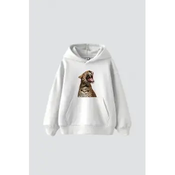 Leopard Siluet Baskılı Oversize Unisex Premium Beyaz