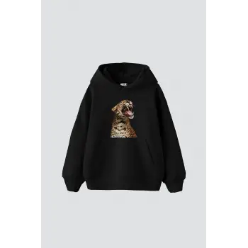 Leopard Siluet Baskılı Oversize Unisex Premium Siyah