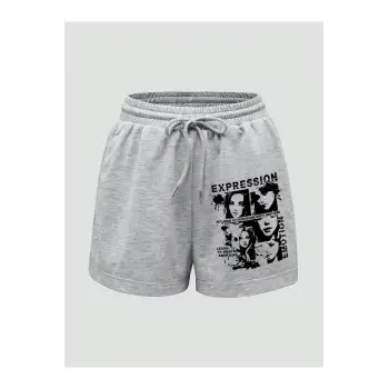 Letter Cartoon Graphic Drawstring Waist Track Şort
