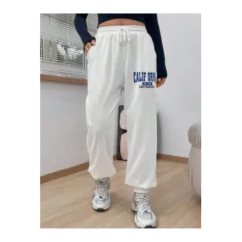 Letter Graphic Drawstring Waist Slant Pocket 4 Mevsim Eşofman