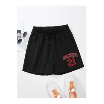 Letter Graphic Drawstring Waist Şort