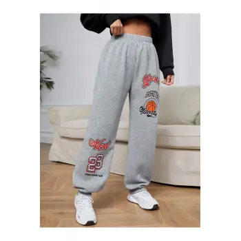 Letter Graphic Elastic Waist 4 Mevsim Eşofman