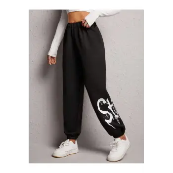 Letter Graphic Elastic Waist 4 Mevsim Eşofman