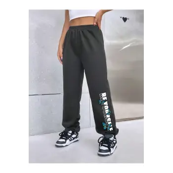 Letter Graphic Elastic Waist 4 Mevsim Eşofman