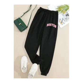 Letter Graphic Elastic Waist 4 Mevsim Eşofman
