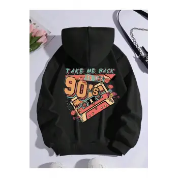 Letter Graphic Kangaroo Pocket Drawstring Lined Hoodie Siyah