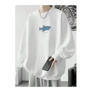 Letter & Shark Print Drop Shoulder Pullover Beyaz