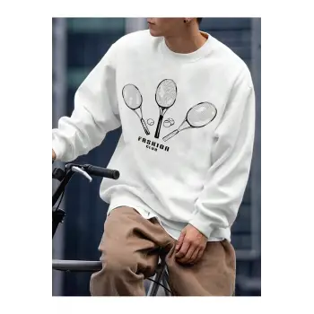 Letter & Tennis Racket Print Drop Shoulder Sweatshirt Beyaz