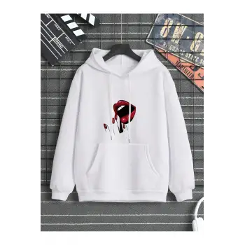 Lip Print Kangaroo Pocket Drawstring Hoodie Beyaz