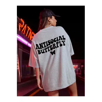 Logo Baskılı Gri Tişört Antisocial Butterfly