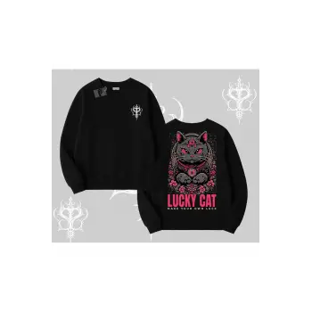 Lucky Cat Japon Tarzı Kedi Baskılı Biskilet Sweatshirt