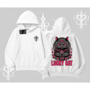 Lucky Cat Japon Tarzı Kedi Baskılı Kapşonlu Sweatshirt