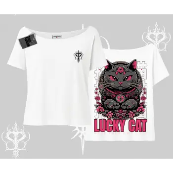 Lucky Cat Japon Tarzı Kedi Baskılı Kayık Yaka Tshirt