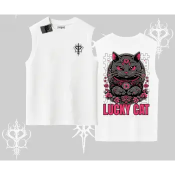 Lucky Cat Japon Tarzı Kedi Baskılı Kolsuz Tshirt
