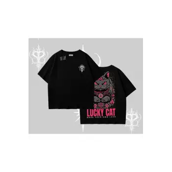 Lucky Cat Japon Tarzı Kedi Baskılı Oversize Tshirt