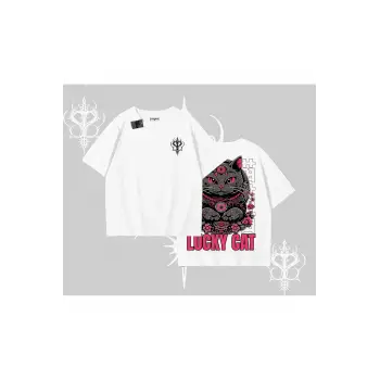 Lucky Cat Japon Tarzı Kedi Baskılı Oversize Tshirt