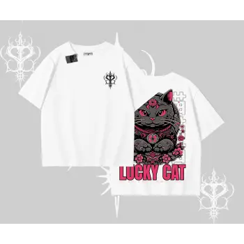 Lucky Cat Japon Tarzı Kedi Baskılı Oversize Tshirt