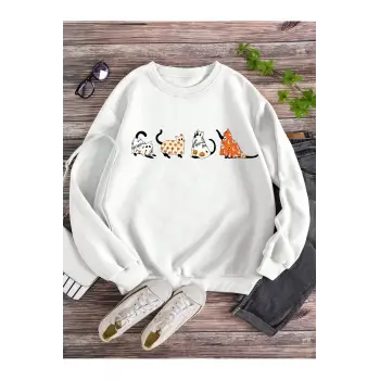 LUNE Cartoon Cat Print Lined Sweatshirt Beyaz