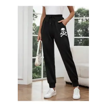 LUNE Halloween Skull Print Drawstring Waist 4 Mevsim Eşofman