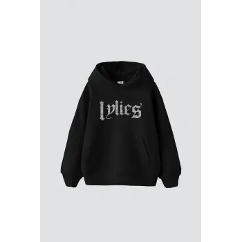 Lylies Taş Baskılı Oversize Unisex Siyah
