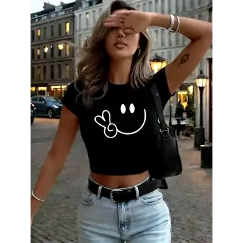 Makas El Gülümseme Grafik Baskılar Bayan Kırpma Üstleri Yaz Yüksek Elastik O-Boyun Tees Y2K İ