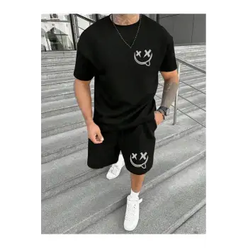 Manfinity Homme Beyaz Örme Erkek Kısa Kollu Tişört ve Şort Takımı