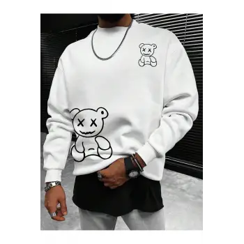 Manfinity Hypemode Bear Print Drop Shoulder Sweatshirt Beyaz