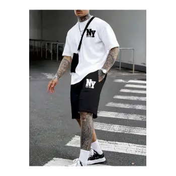 Manfinity Hypemode Erkek Yazlık Rahat Örme Kısa Kollu Tişört ve Şort Harf Baskılı